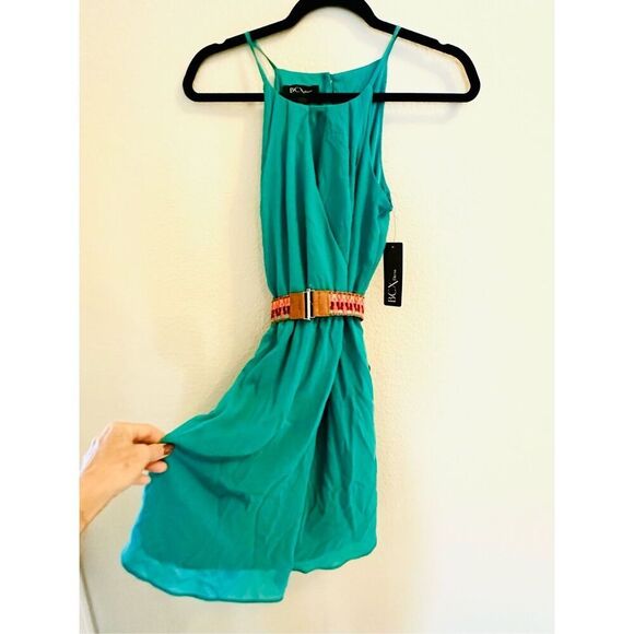 NWT BCX Juniors Women's blue/green Belted Pullover Chiffon Halter Fit & Flare Dr - Picture 6 of 13